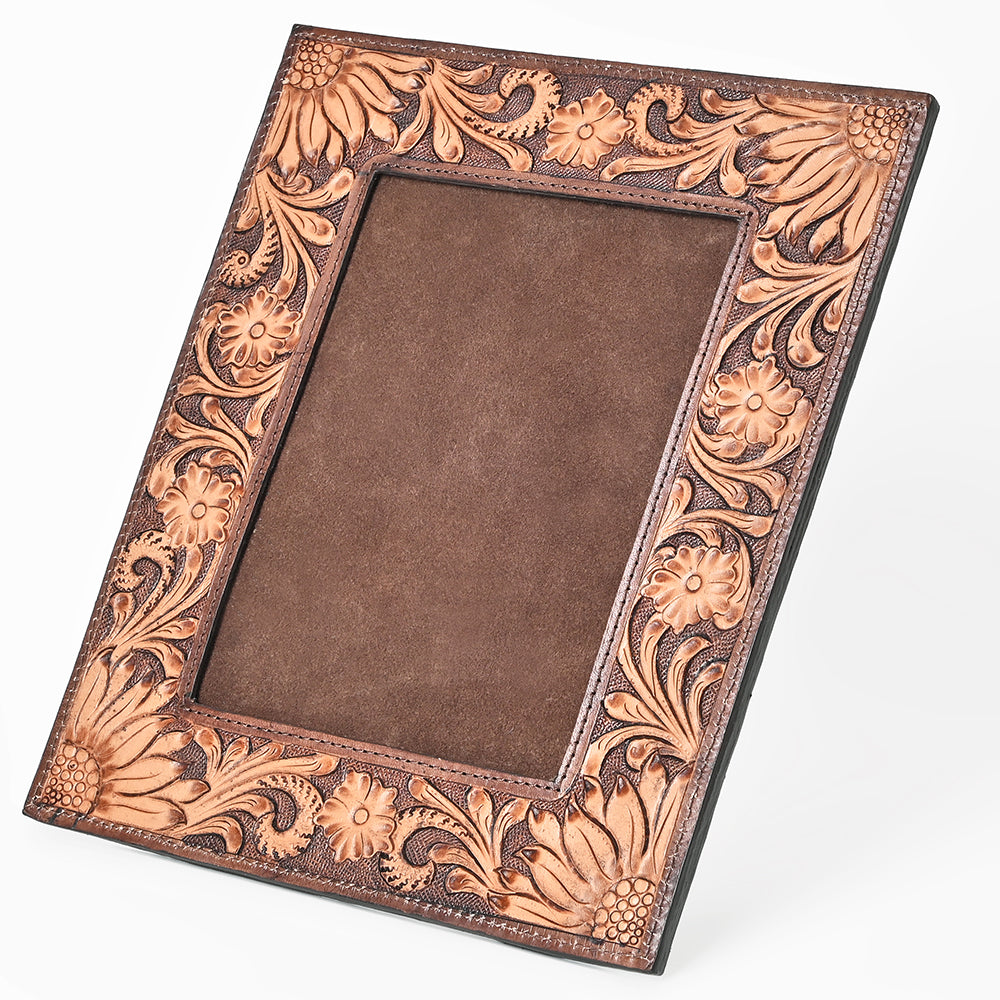 Handcrafted Leather Photo Frame With Floral Carving For Western Tabletop Display 10.5x9Inch