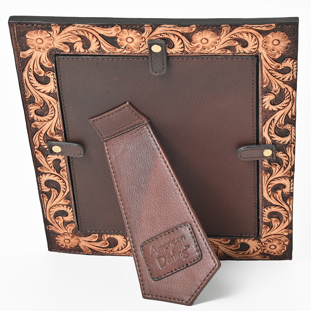 Handcrafted Leather Photo Frame With Floral Carving For Western Tabletop Display 10.5x9Inch