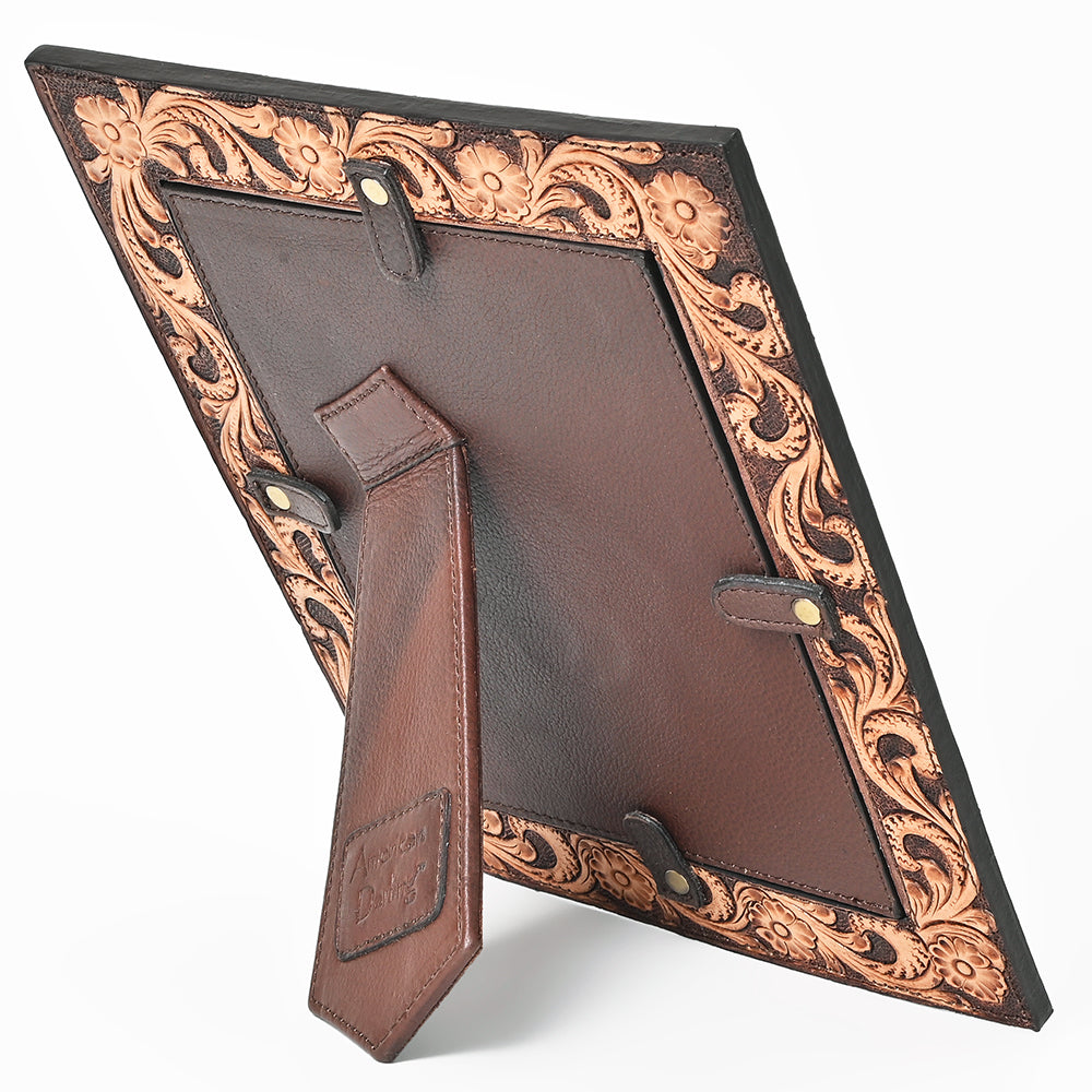 Handcrafted Leather Photo Frame With Floral Carving For Western Tabletop Display 10.5x9Inch