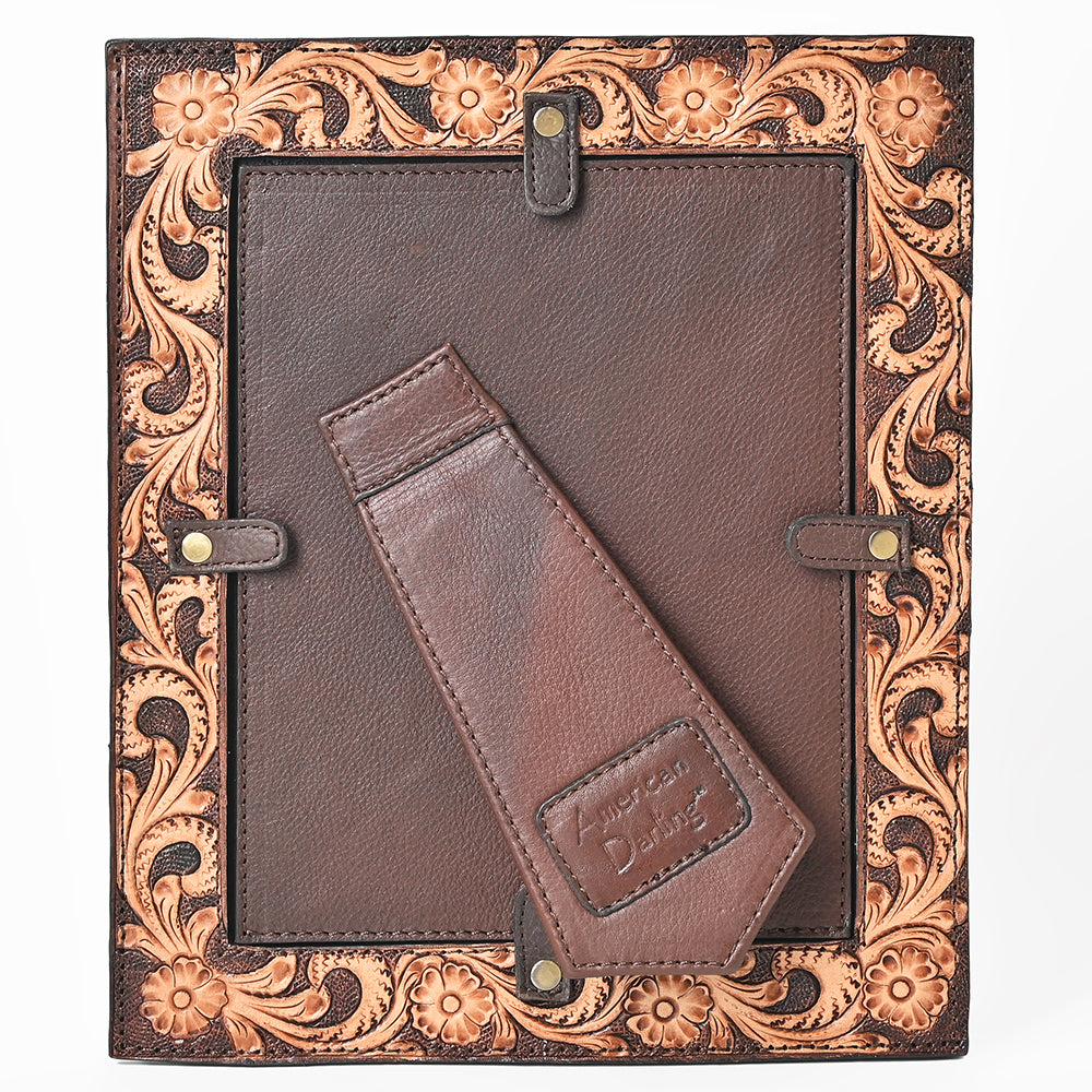 Handcrafted Leather Photo Frame With Floral Carving For Western Tabletop Display 10.5x9Inch