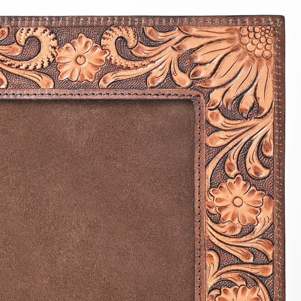 Handcrafted Leather Photo Frame With Floral Carving For Western Tabletop Display 10.5x9Inch
