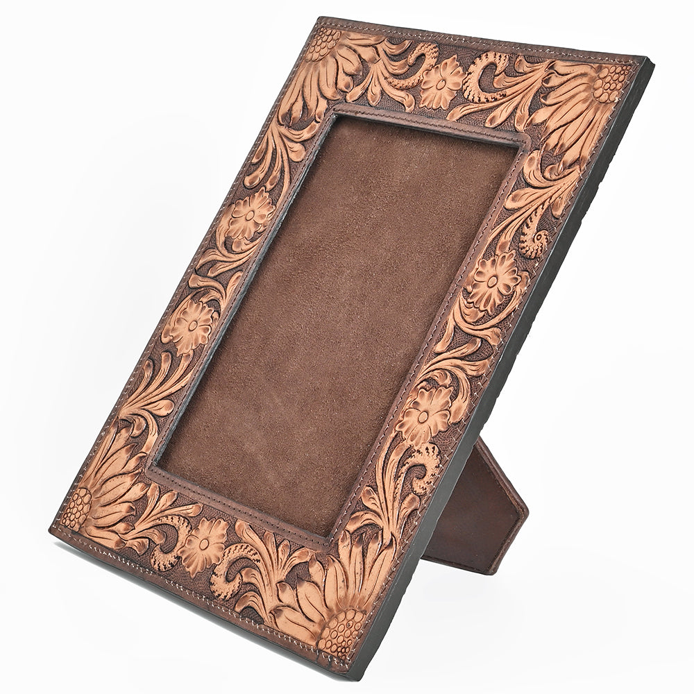 Handcrafted Leather Photo Frame With Floral Carving For Western Tabletop Display 10.5x9Inch