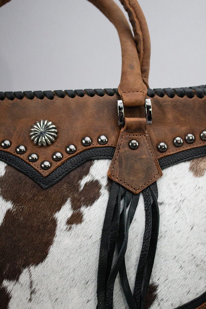 Rustic Western Cowhide Leather Satchel With Fringe
