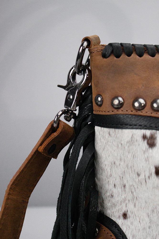 Rustic Western Cowhide Leather Satchel With Fringe