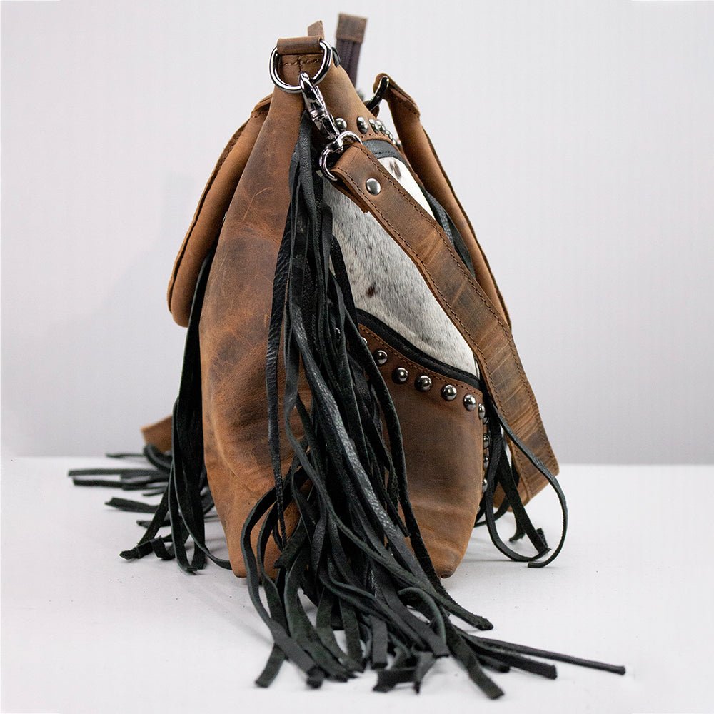 Rustic Western Cowhide Leather Satchel With Fringe