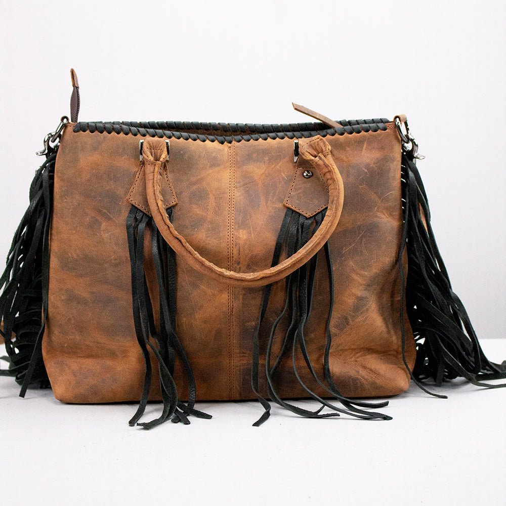 Rustic Western Cowhide Leather Satchel With Fringe