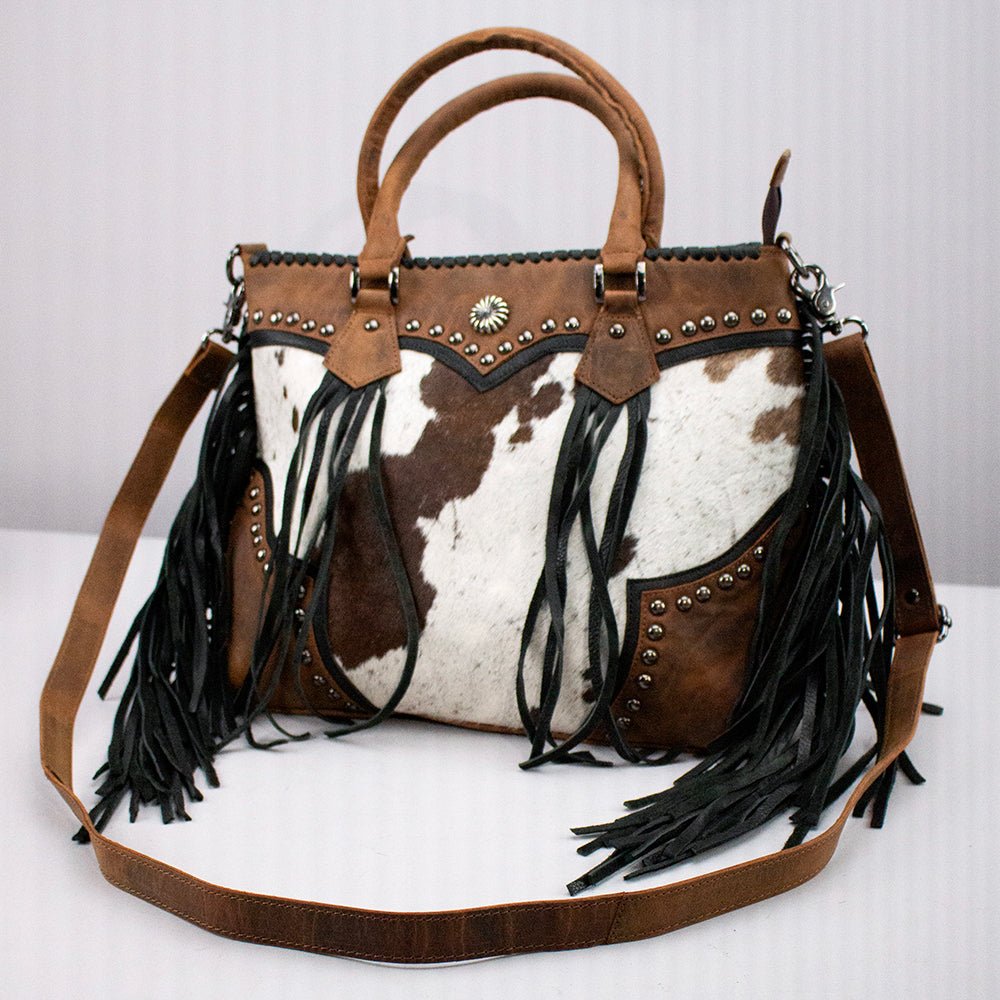 Rustic Western Cowhide Leather Satchel With Fringe
