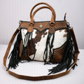 Rustic Western Cowhide Leather Satchel With Fringe