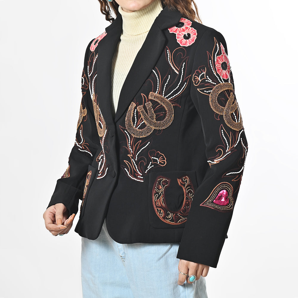 Embroidered Western Blazer With Floral Horseshoe Boho Fabric Shirt Jacket Dress Collection