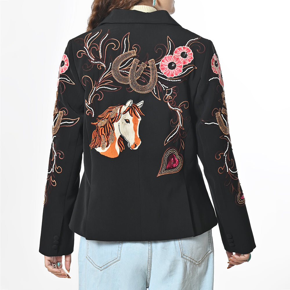 Embroidered Western Blazer With Floral Horseshoe Boho Fabric Shirt Jacket Dress Collection
