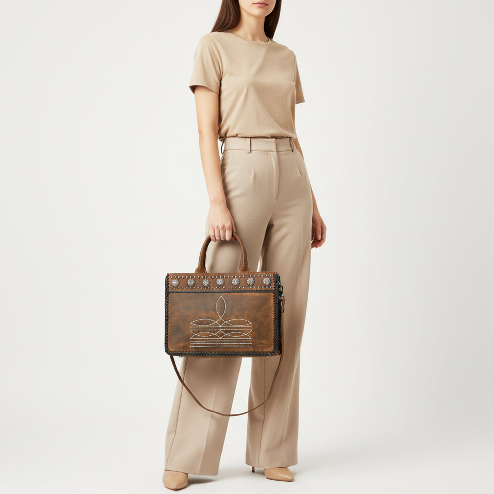 American Darling Tote Bag Western Genuine Leather Handbag with Boot Stitched Design Rivets and Premium YKK Zipper