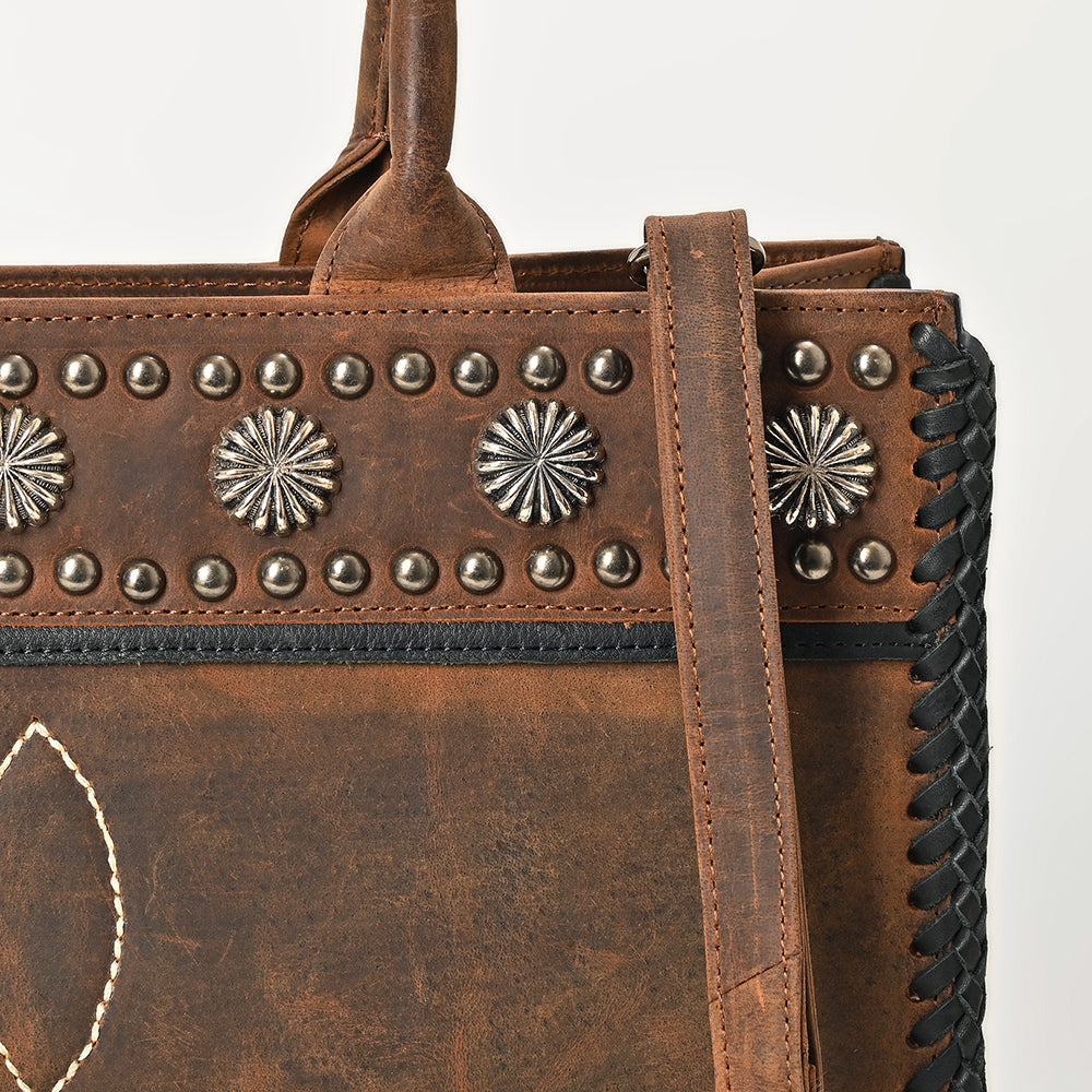 American Darling Tote Bag Western Genuine Leather Handbag with Boot Stitched Design Rivets and Premium YKK Zipper