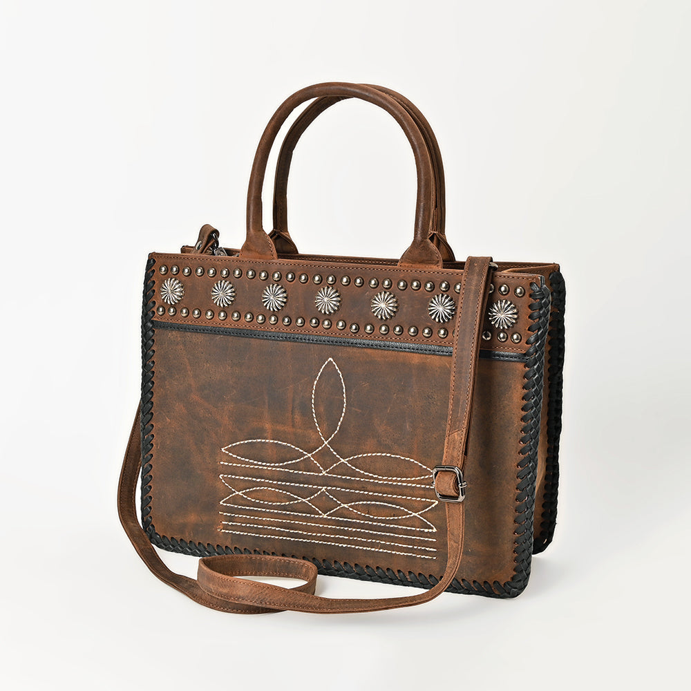 American Darling Tote Bag Western Genuine Leather Handbag with Boot Stitched Design Rivets and Premium YKK Zipper