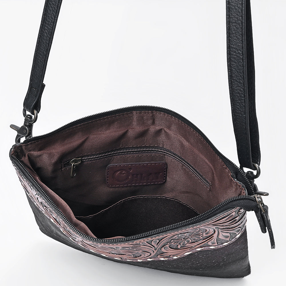 OHLAY Western Leather Dark Brown Hairon Crossbody Tooled Floral Panel