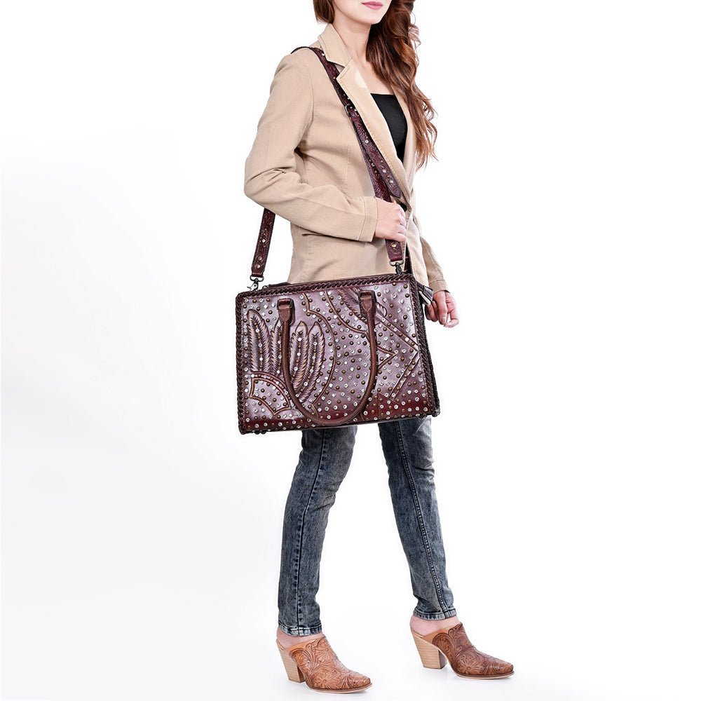 American Darling Women's Tote Western Hand Tooled Genuine Leather Handbag with Rivets