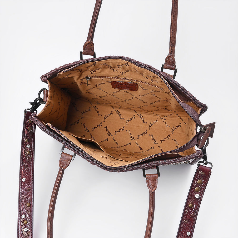 American Darling Women's Tote Western Hand Tooled Genuine Leather Handbag with Rivets
