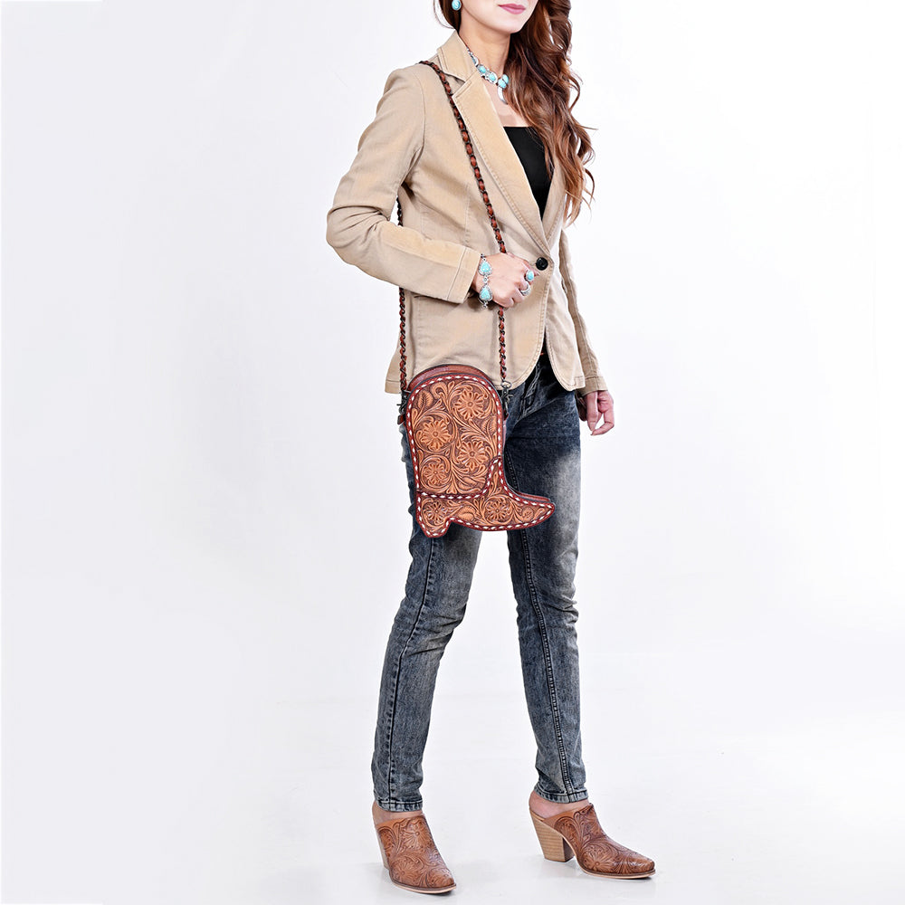 American Darling Women's Crossbody Western Hand Tooled Genuine Leather Handbag with Rivets