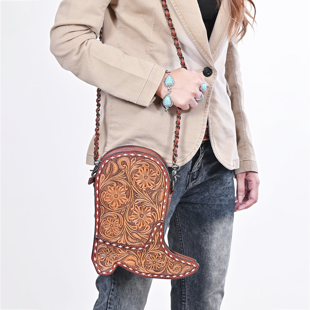 American Darling Women's Crossbody Western Hand Tooled Genuine Leather Handbag with Rivets