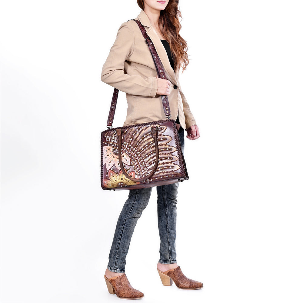 American Darling Women's Tote Western Hand Tooled Genuine Leather Handbag with Rivets