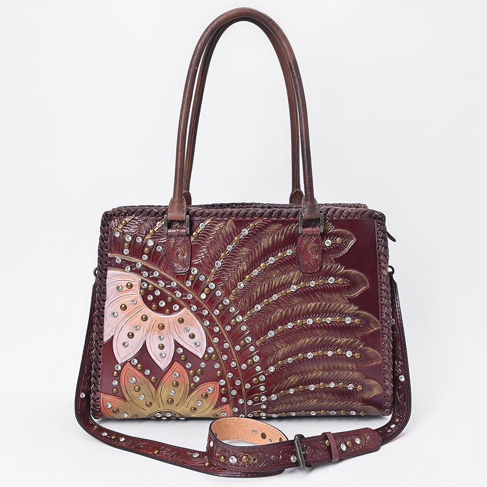 American Darling Women's Tote Western Hand Tooled Genuine Leather Handbag with Rivets