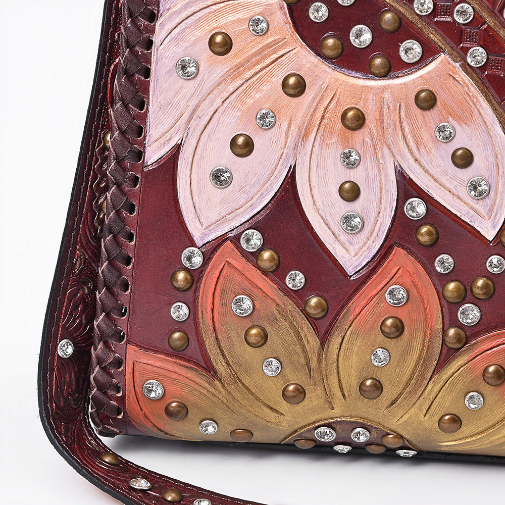 American Darling Women's Tote Western Hand Tooled Genuine Leather Handbag with Rivets