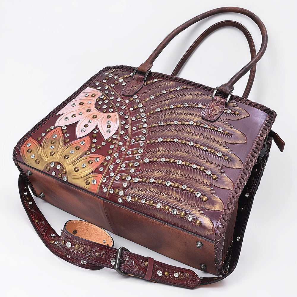 American Darling Women's Tote Western Hand Tooled Genuine Leather Handbag with Rivets