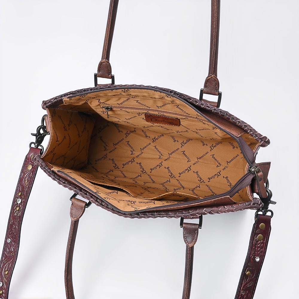American Darling Women's Tote Western Hand Tooled Genuine Leather Handbag with Rivets