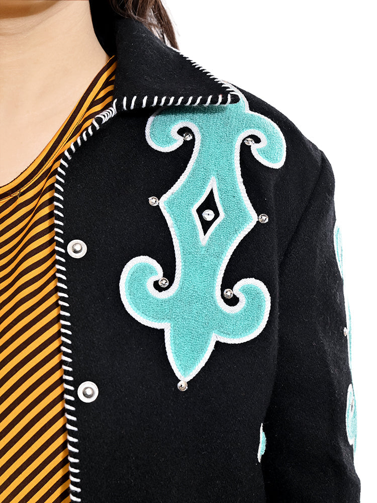 American Darling Women’s Western Blazer – Black Tailored Jacket with Turquoise Appliqué & Hand-Finished Whipstitch Trim