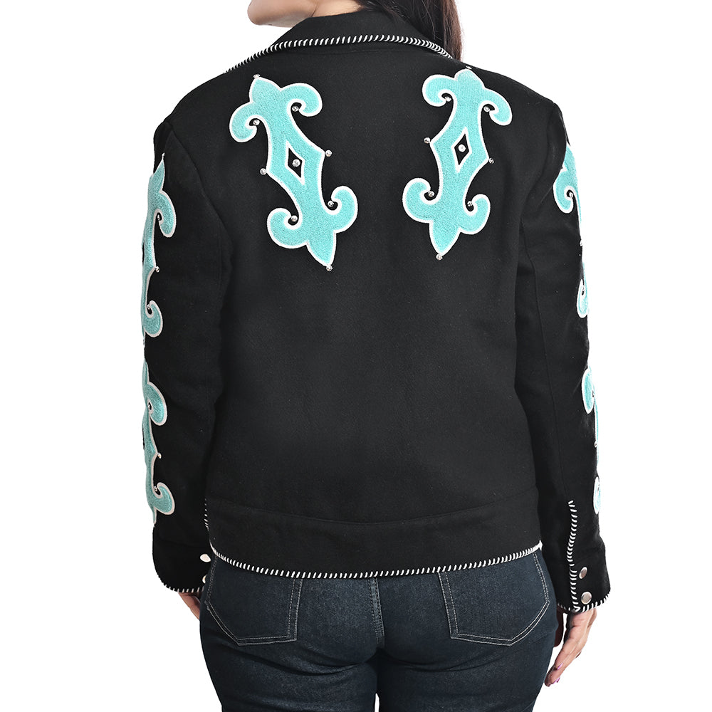American Darling Women’s Western Blazer – Black Tailored Jacket with Turquoise Appliqué & Hand-Finished Whipstitch Trim