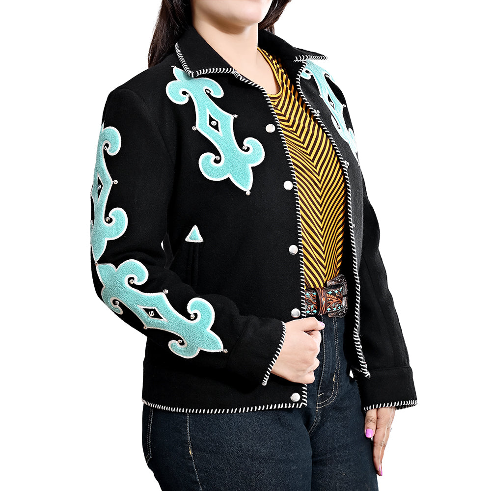 American Darling Women’s Western Blazer – Black Tailored Jacket with Turquoise Appliqué & Hand-Finished Whipstitch Trim