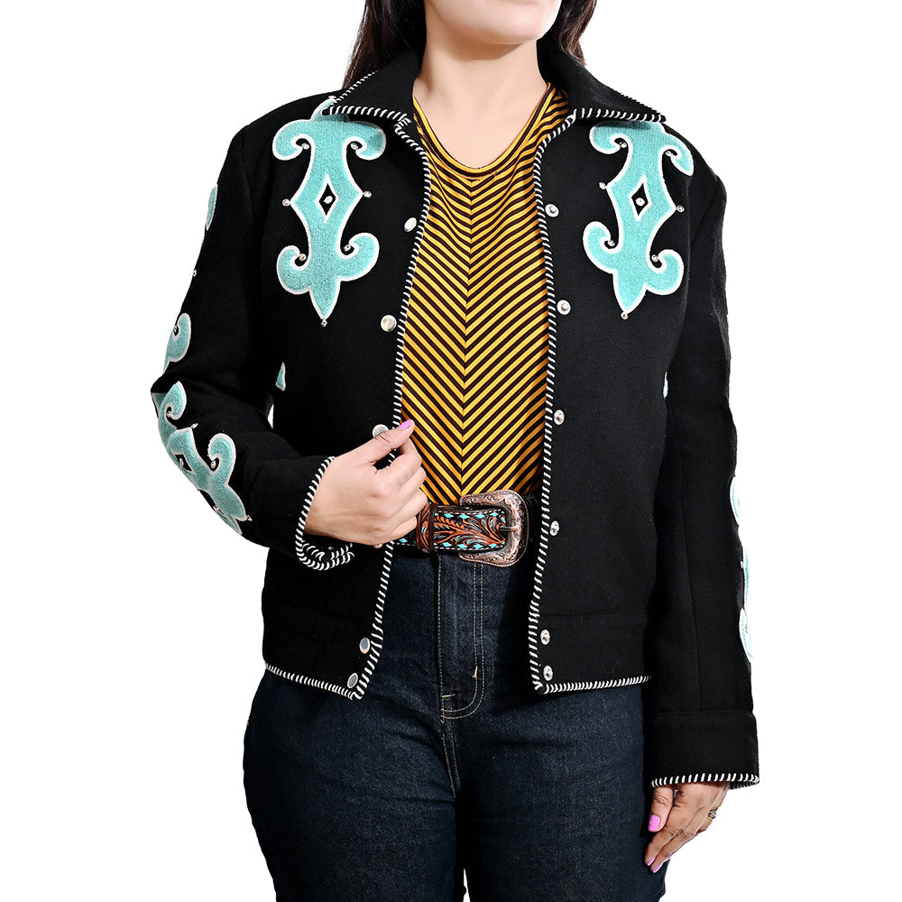 American Darling Women’s Western Blazer – Black Tailored Jacket with Turquoise Appliqué & Hand-Finished Whipstitch Trim