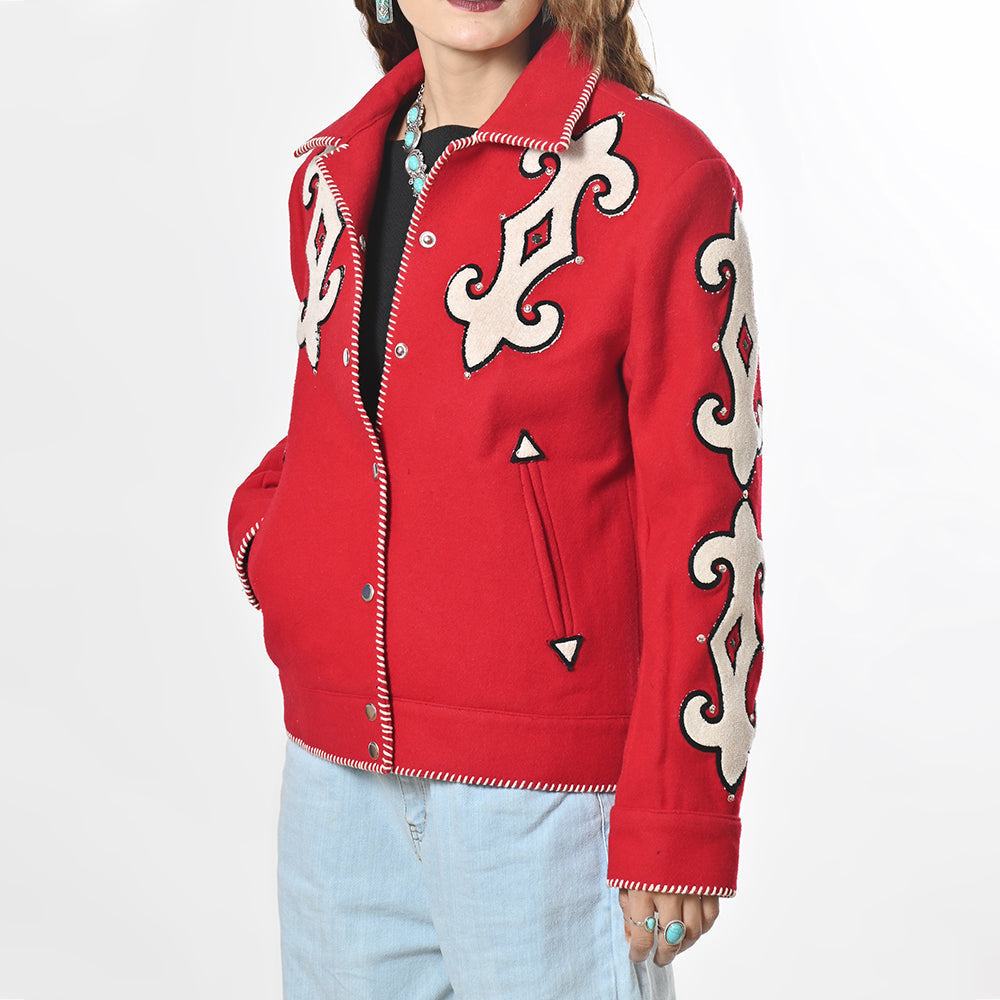 Western Red Blazer With Tailored Fit And Carefully Crafted Black Whipstitch Trim