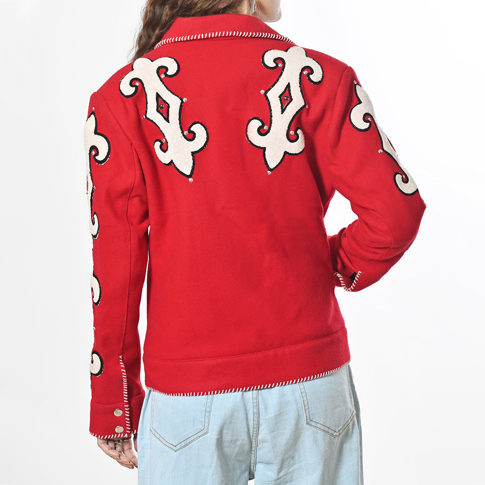 Western Red Blazer With Tailored Fit And Carefully Crafted Black Whipstitch Trim