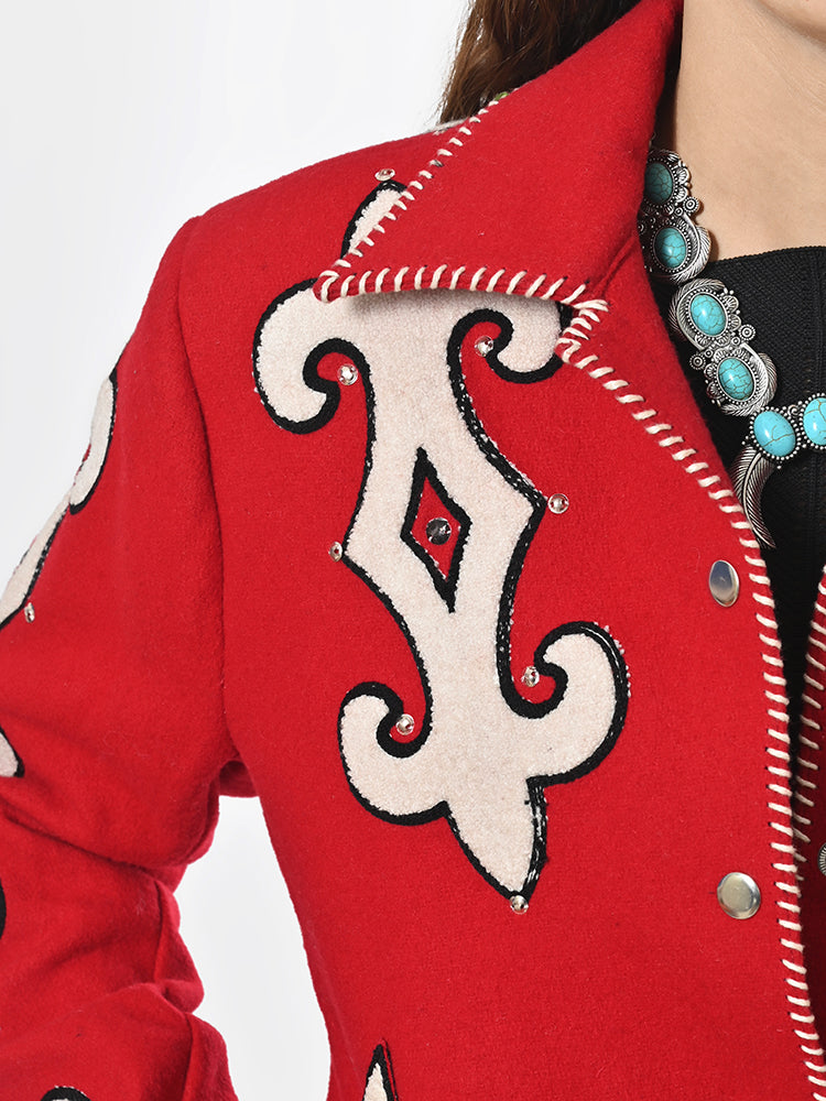Western Red Blazer With Tailored Fit And Carefully Crafted Black Whipstitch Trim