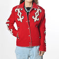 Western Red Blazer With Tailored Fit And Carefully Crafted Black Whipstitch Trim