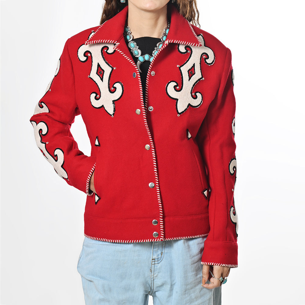 Western Red Blazer With Tailored Fit And Carefully Crafted Black Whipstitch Trim