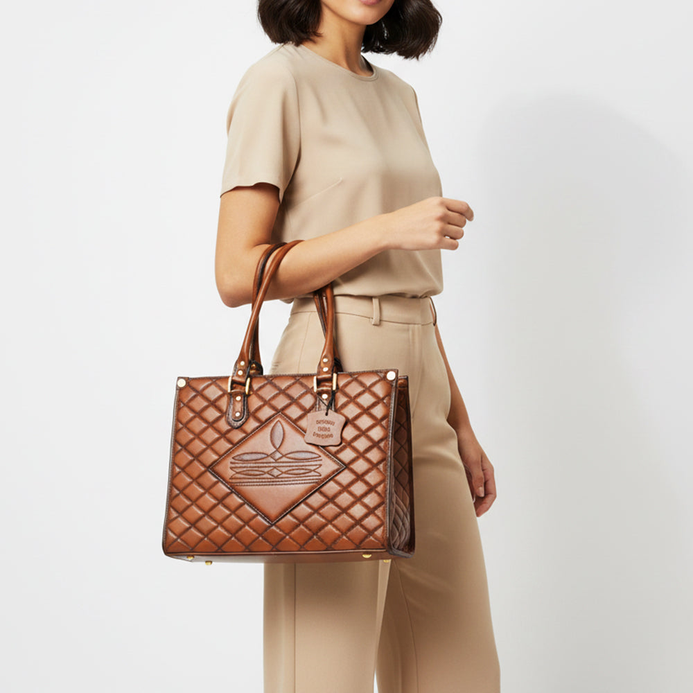 American Darling Premium Quilted Leather Handbag with Embossed Detail & Dual Handles – Elegant Structured Tote for Women