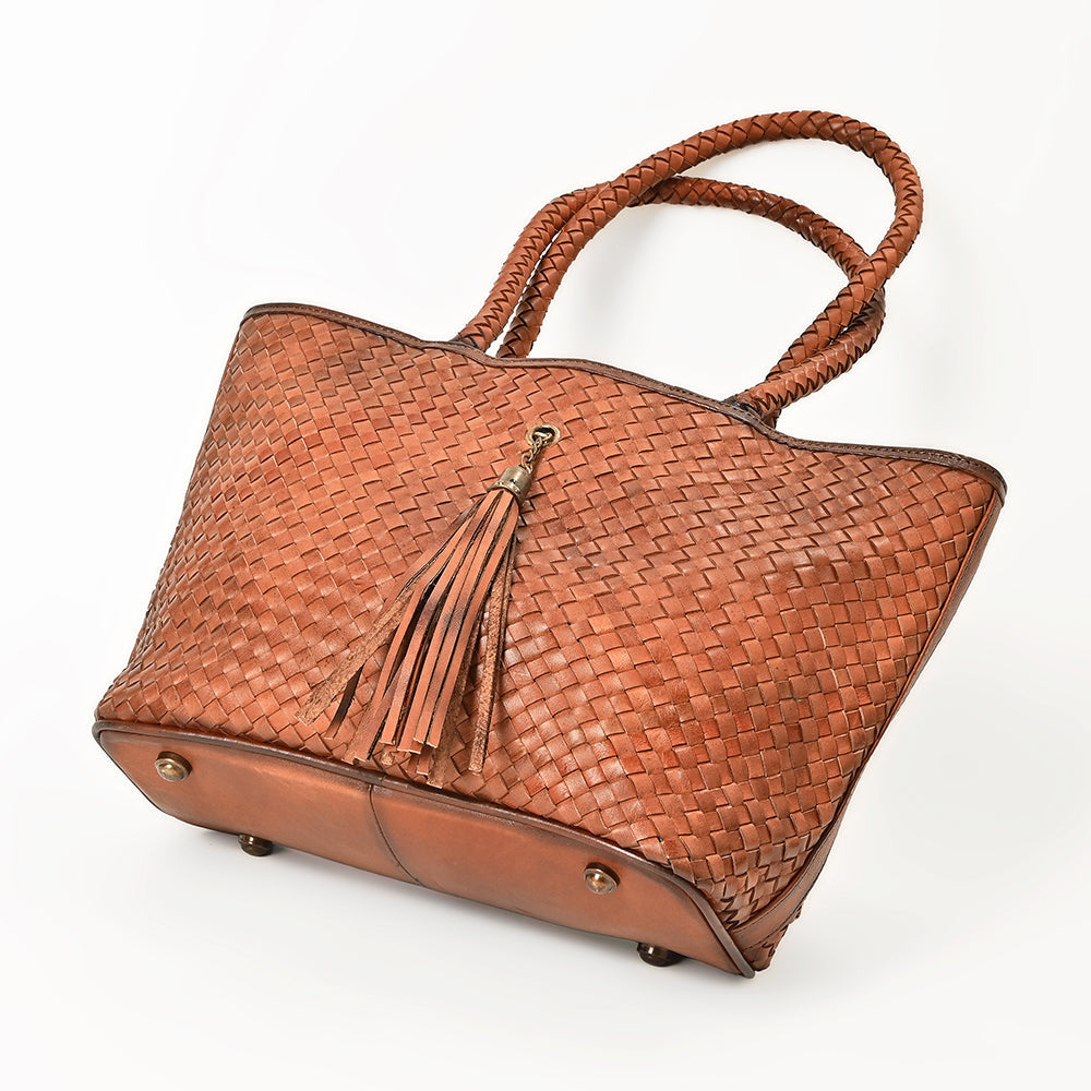 American Darling Western Tote Bag Basket Weave Genuine Full Grain Leather Handcrafted Shoulder Bag with Braided Handles Tassels