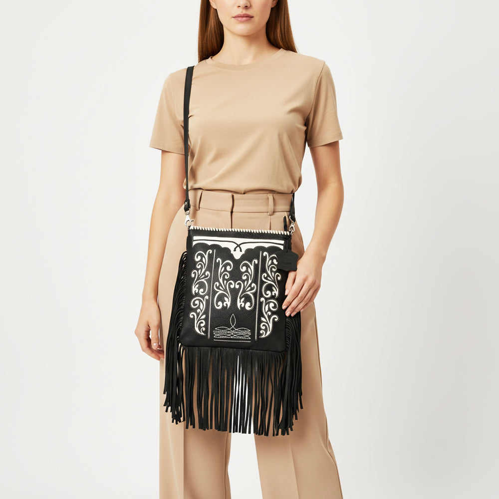 American Darling Full Grain Leather Crossbody Shoulder Bag Women Embroidered with Fringes & Adjustable Strap