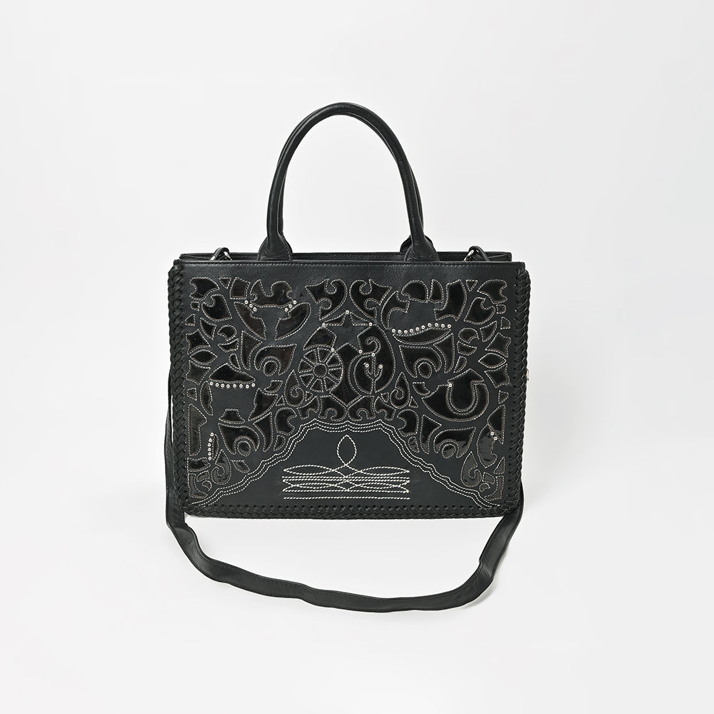 American Darling Black Western Cutwork Leather Handbag for Women – Embossed Tooled Satchel