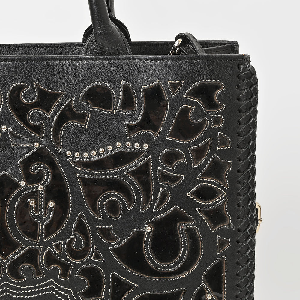 American Darling Black Western Cutwork Leather Handbag for Women – Embossed Tooled Satchel