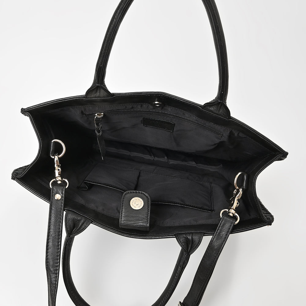 American Darling Black Western Cutwork Leather Handbag for Women – Embossed Tooled Satchel