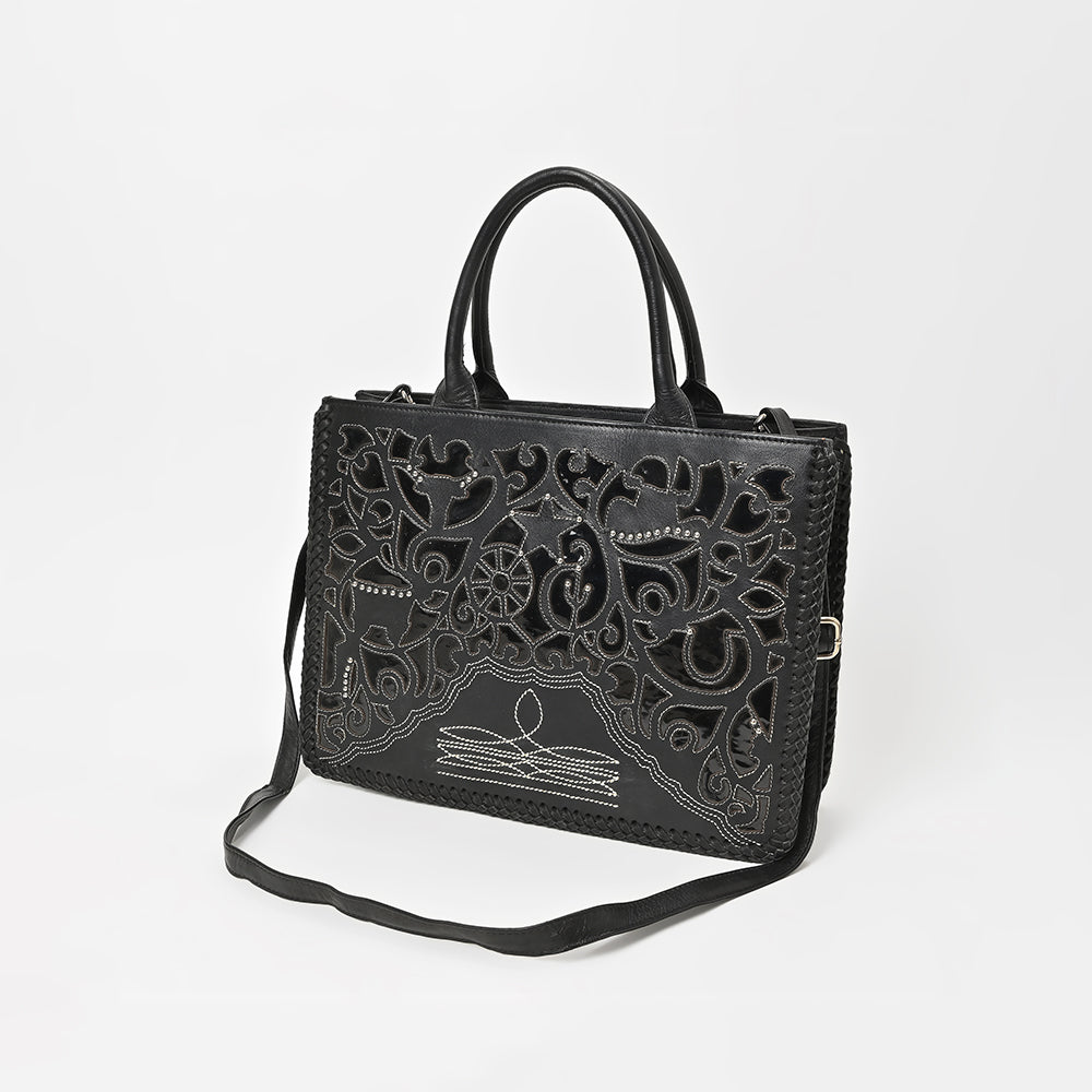 American Darling Black Western Cutwork Leather Handbag for Women – Embossed Tooled Satchel