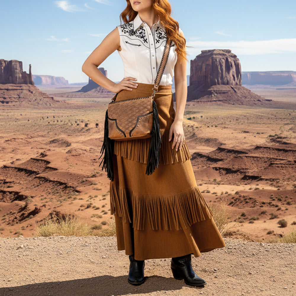 American Darling Western Cross body Bag Quilted Genuine Leather Handcrafted Shoulder Bag with Fringes Rivets and Braided Strap