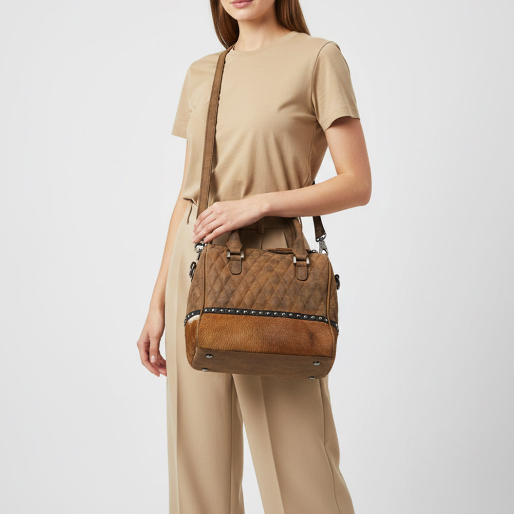 American Darling Quilted Genuine Leather & Hair-On Hide Crossbody Satchel Purse for Women Western Handbag with Studded Detail