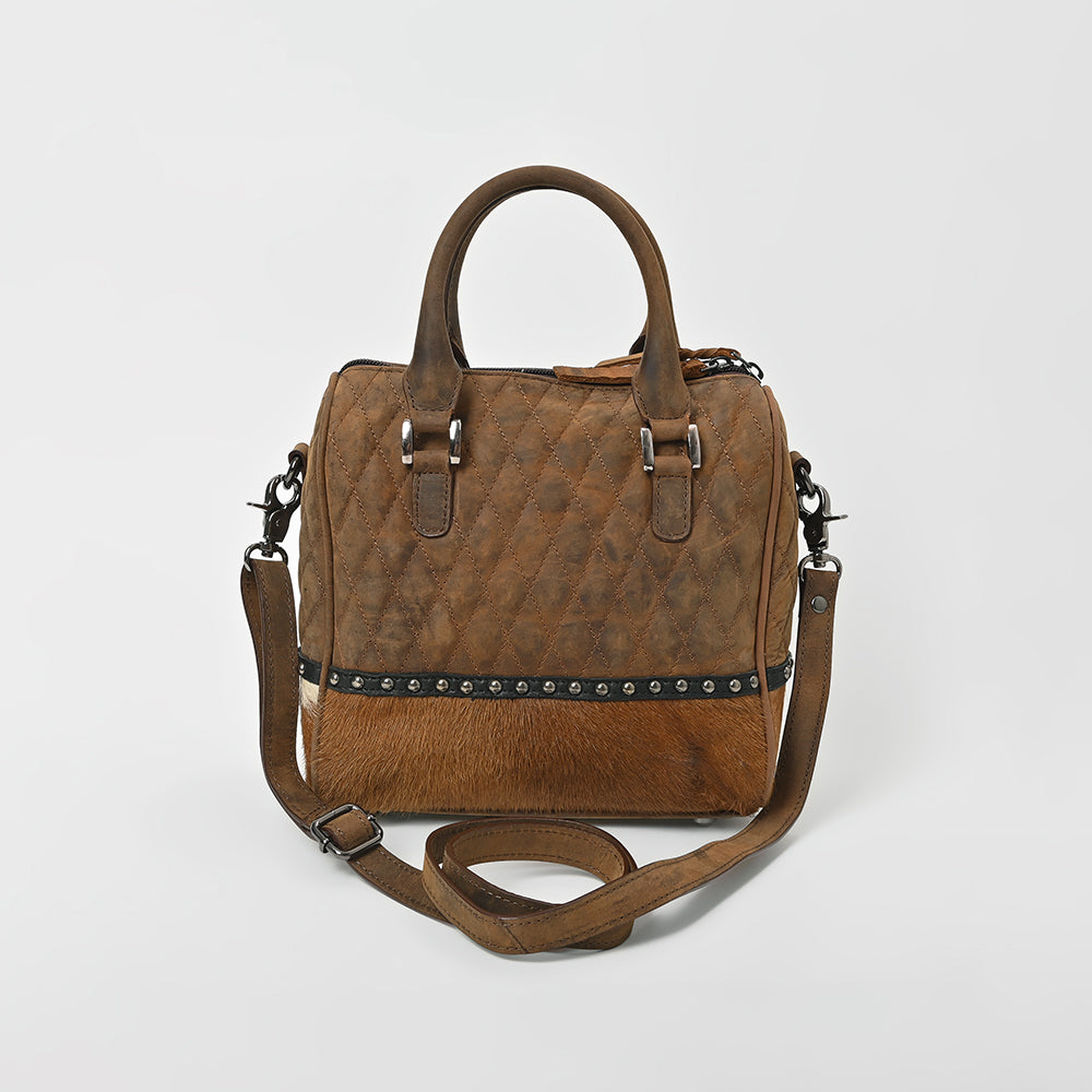 American Darling Quilted Genuine Leather & Hair-On Hide Crossbody Satchel Purse for Women Western Handbag with Studded Detail