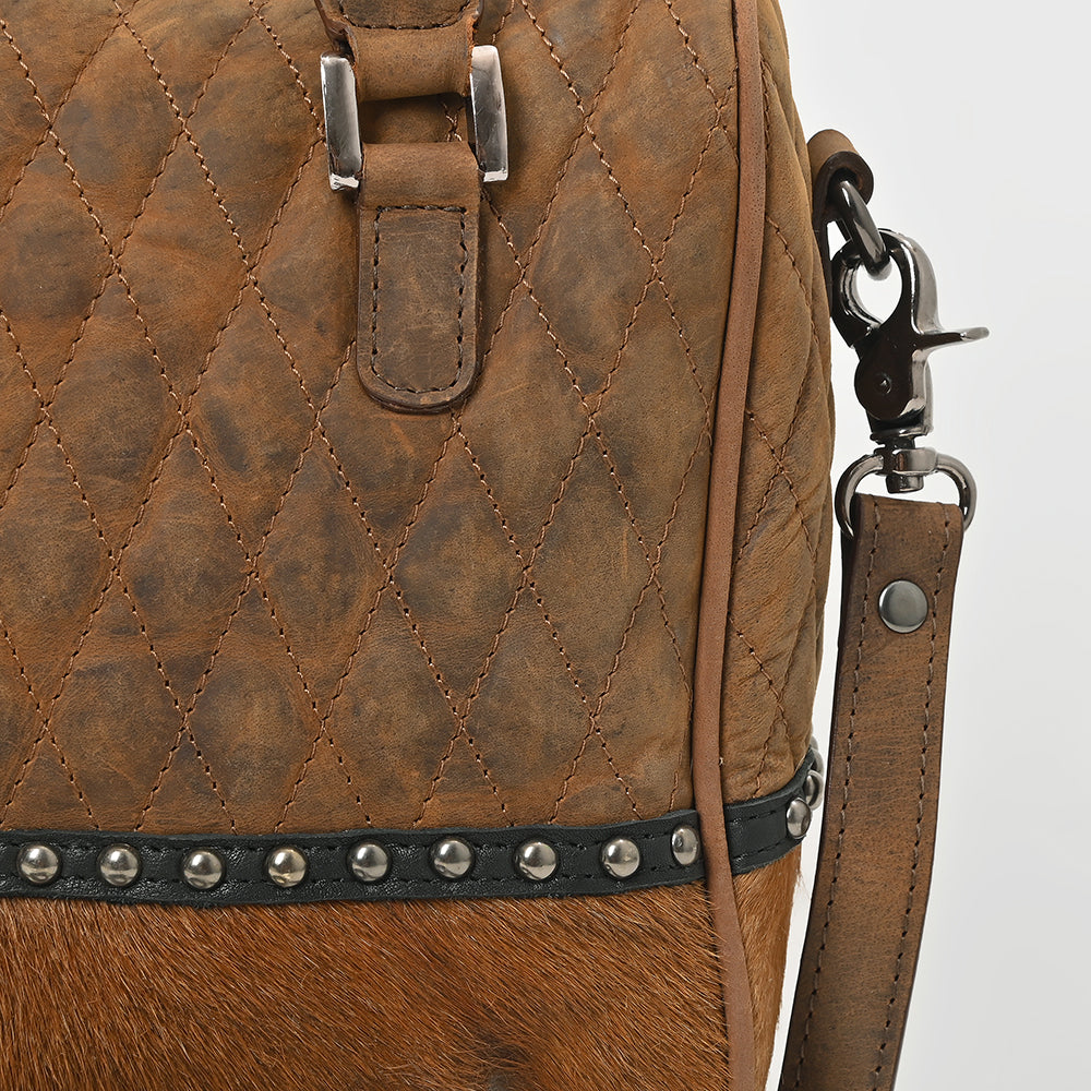 American Darling Quilted Genuine Leather & Hair-On Hide Crossbody Satchel Purse for Women Western Handbag with Studded Detail