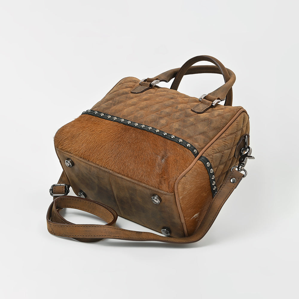 American Darling Quilted Genuine Leather & Hair-On Hide Crossbody Satchel Purse for Women Western Handbag with Studded Detail