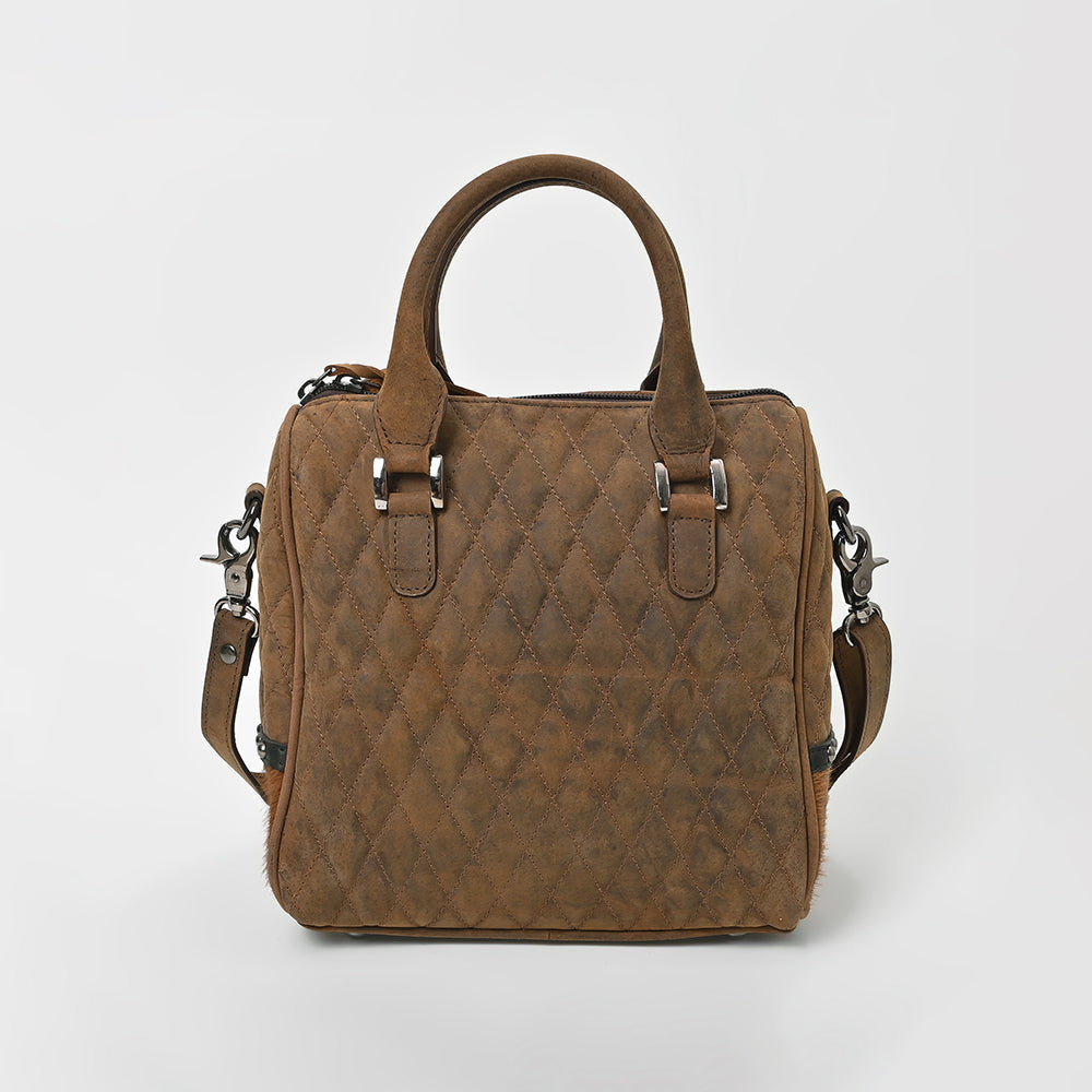 American Darling Quilted Genuine Leather & Hair-On Hide Crossbody Satchel Purse for Women Western Handbag with Studded Detail