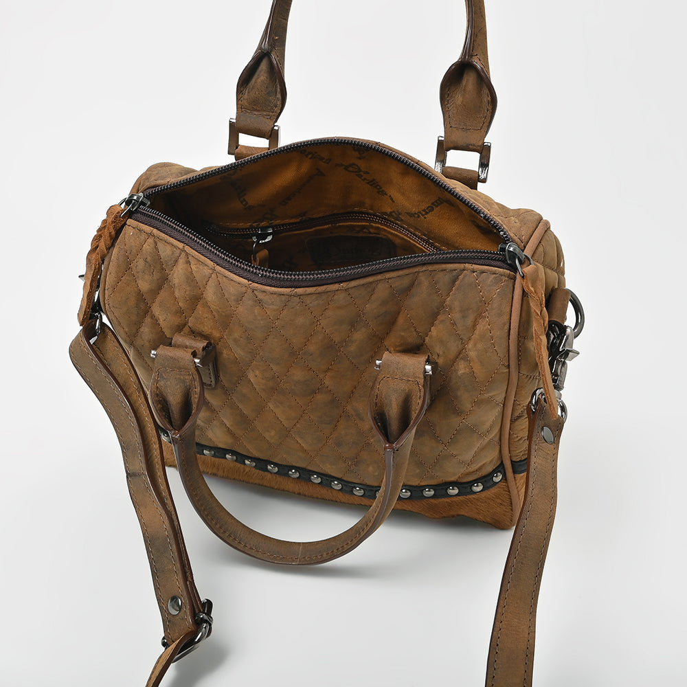American Darling Quilted Genuine Leather & Hair-On Hide Crossbody Satchel Purse for Women Western Handbag with Studded Detail